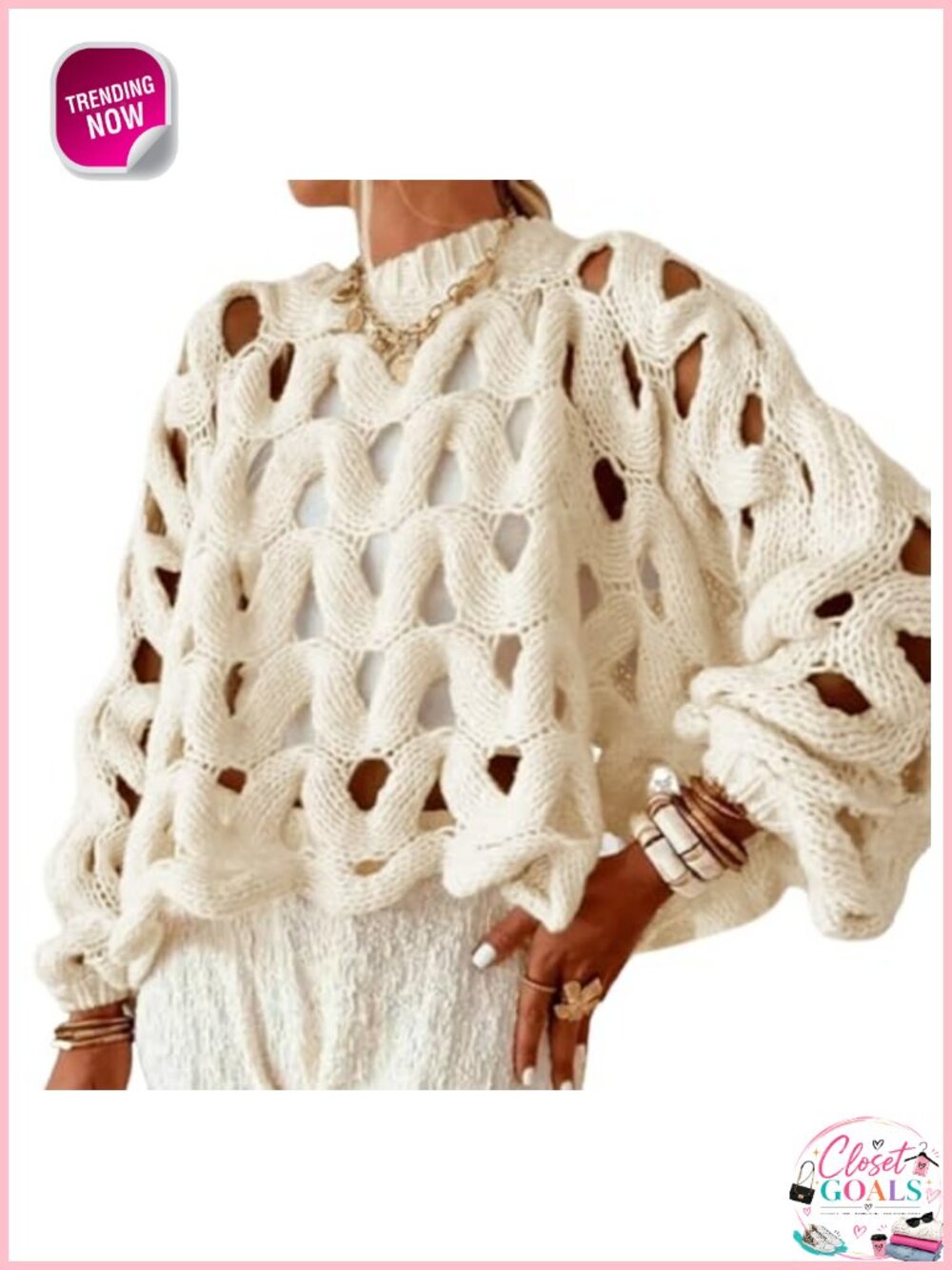 Crochet Hollow Out Pullover Sweater Oversized Long Sleeve Crew Neck Chunky Knit